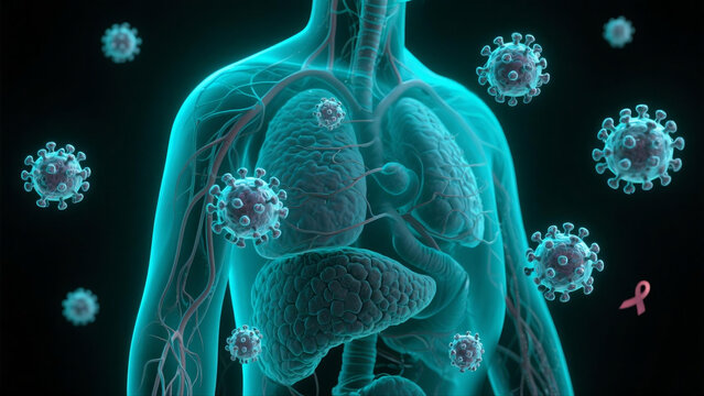 Viral infection causing chronic disease. Hepatitis viruses, influenza virus H1N1, Flu, cell infect organism, aids. 3d illustration