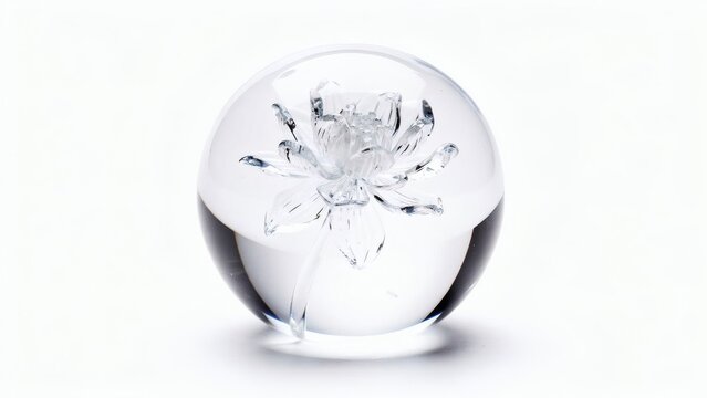 Glass paperweight featuring an intricate laser-engraved lotus flower inside glows with clarity, serving as a sophisticated decorative element for high-end office interiors or meditation spaces.