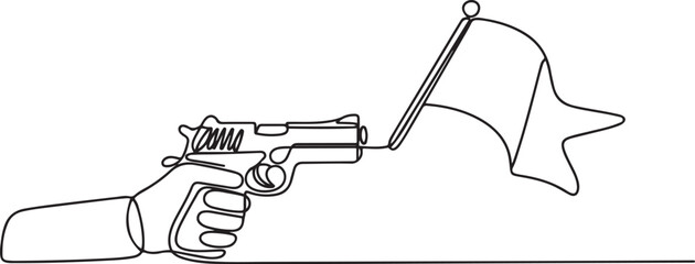 Continuous one line drawing hand holding shooting toy gun pistol with empty flag. one line art icon drawing vector © jinnatun