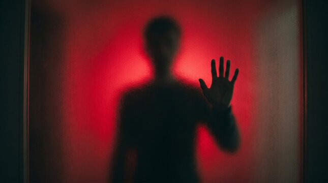 Mysterious Human Shadow Behind Frosted Glass With Red Horror Lighting
