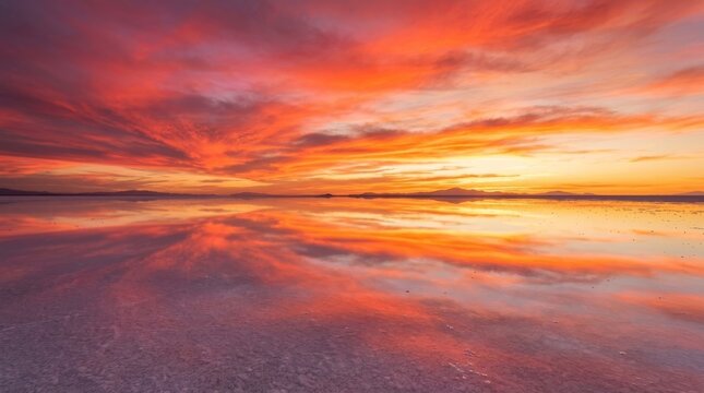 Vibrant Sunset Reflecting on Salt Lake Mirror Surface with Distant Horizon