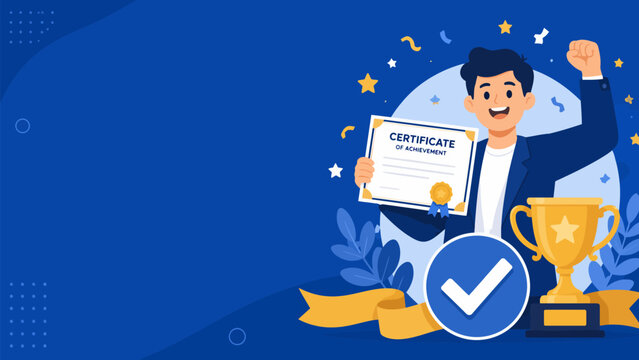 Celebration of Achievement: A man in business attire proudly holds a certificate of achievement, his face beaming with joy. Beside him, a golden trophy stands as a symbol of success.