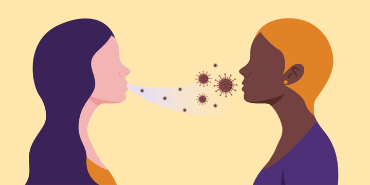Flat vector illustration showing airborne virus transmission between two people facing each other. One person exhales respiratory droplets carrying infectious particles, demonstrating how diseases spr