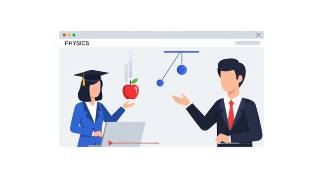 Online Physics Education Vector Illustration with E-Learning Concept and Scientific Elements