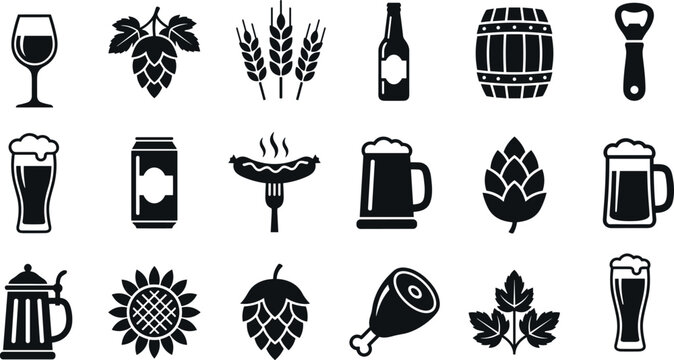 Beer Brewing And Pub Icons Black Silhouette Set With Hops Wheat Bottle And Glass Vector Illustration Design