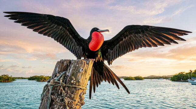 Large black bird with red neck patch perched on a wooden post by the water