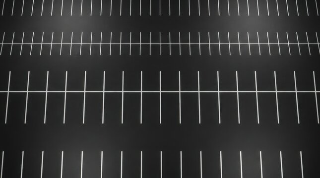 Numerous identical white parking lot lines forming organized rows on dark asphalt