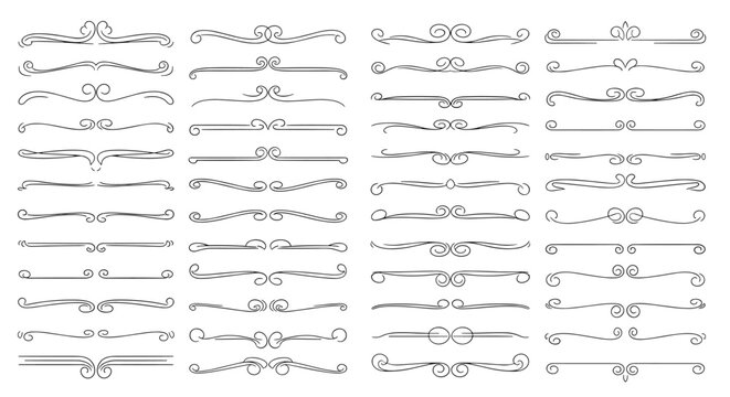 Extensive collection of decorative line dividers and ornate swirls in a classic black and white style, suitable for page layouts and designs.