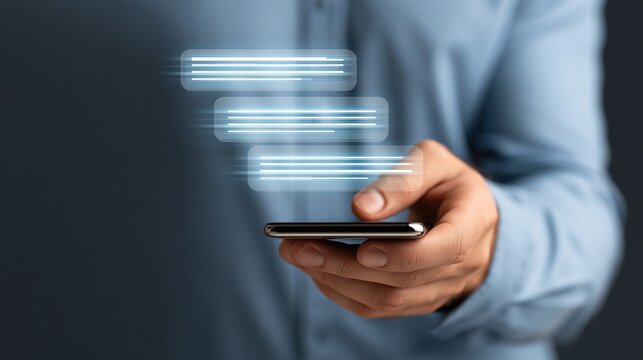 Man&rsquo;s hand holding smartphone with glowing moving chat message bubbles moving outward representing fast mobile instant messaging and live chat communication concept