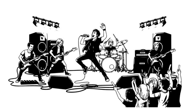 Rock band performing live on stage with energetic crowd