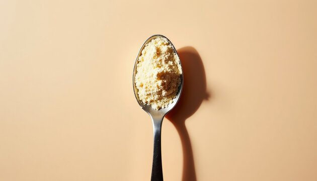 Single spoon holds yellow powder, likely protein supplement. Minimalist style on beige surface. Suitable for diet, health, and fitness content.