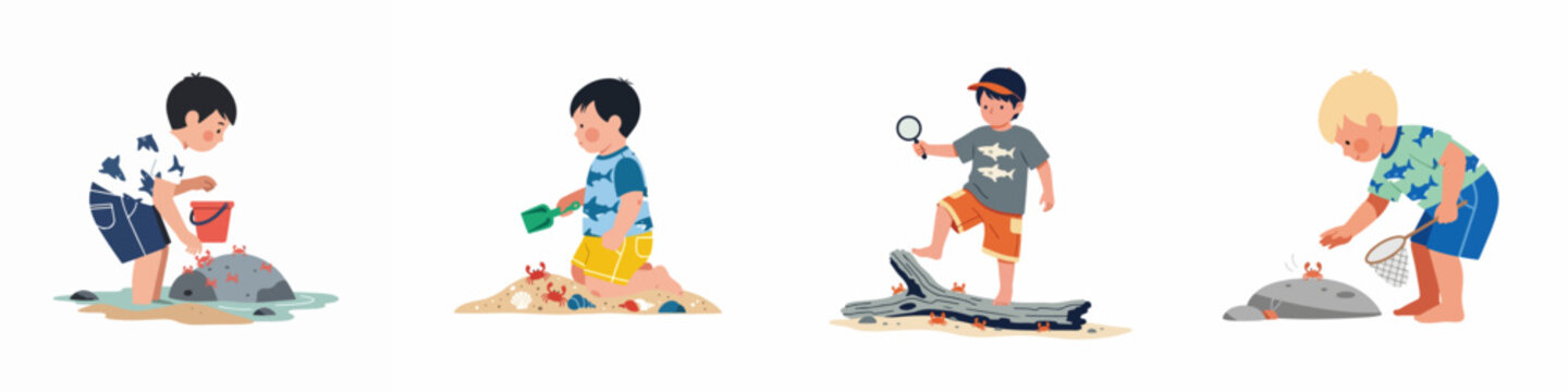 Collection of flat vector illustrations of young boys exploring marine life, catching crabs, and playing on the beach during their summer vacation.