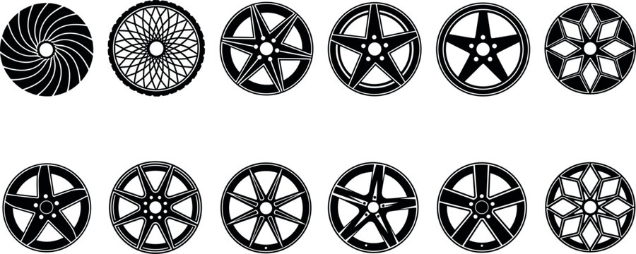 Car Wheel Rim Silhouette Vector Set Featuring Custom Alloy Spokes and Sport Automotive Disk Designs Isolated on White Background for Mechanic Projects