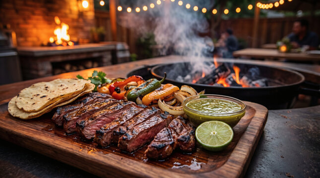 Grilled steak platter with tortillas and salsa by outdoor fire pit