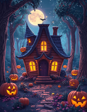 cute little witch house in magical halloween forest