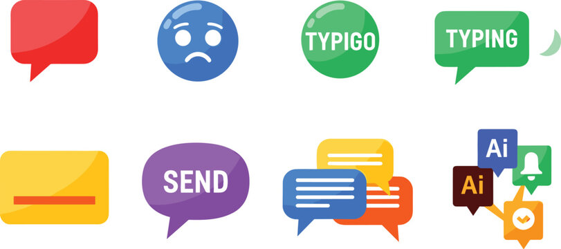 Sad Emoji Chat Bubble and Messaging Icon Set with Typing Indicators, Send Button, and Colorful Speech Symbols for Apps, UI, and Social Media Designs