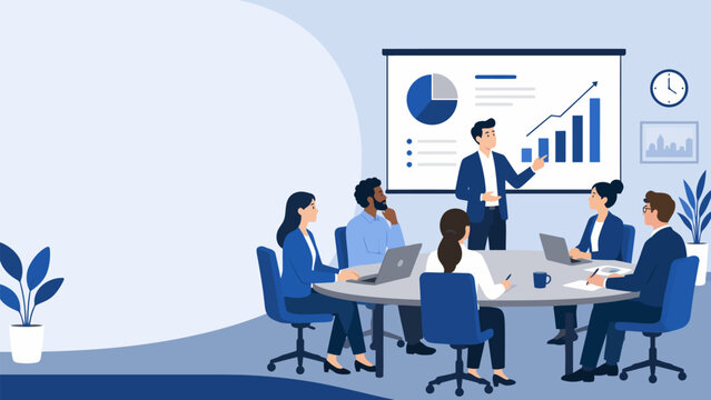 Business Meeting Presentation: A dynamic business meeting in progress, with a presenter explaining financial data on a screen to a group of attentive professionals seated around a table.