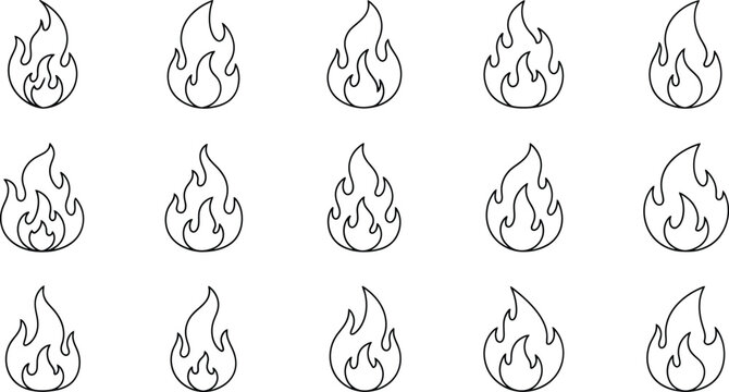 Flame silhouette collection linear fire icons isolated on transparent background