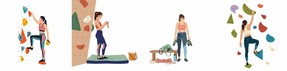 Set of flat vector illustrations featuring women practicing indoor rock climbing and bouldering activities, including preparation, gear, and climbing on colorful walls. © Muqodimatul