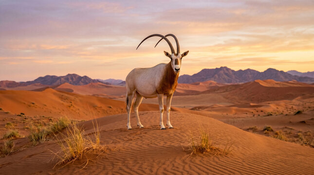A saiga antelope stands on a dune in the desert at sunset with mountains in background freely