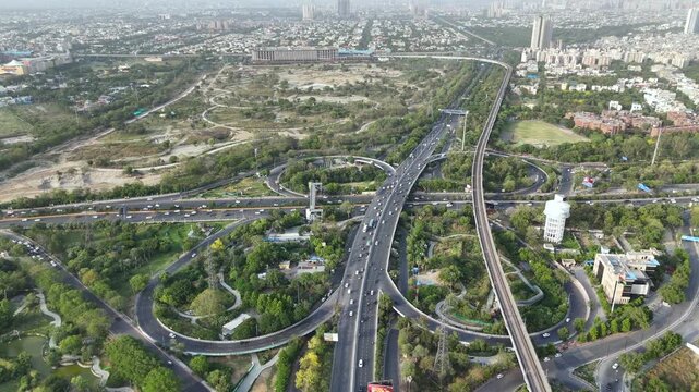Aerial View of Mahamaya Flyover and Noida Metro Line in Noida India