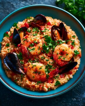 Risotto alla pescatora with grilled shrimp and mussels in a blue bowl