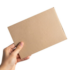 Obraz premium Hand holding a blank rectangular cardboard sheet isolated on a transparent background