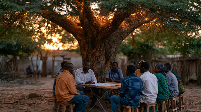 A wide shot of a rural microfinance cooperative meeting under a large acacia tree, members seated on wooden stools with a shared accounting ledger on a folding table, golden hour light filtering thr