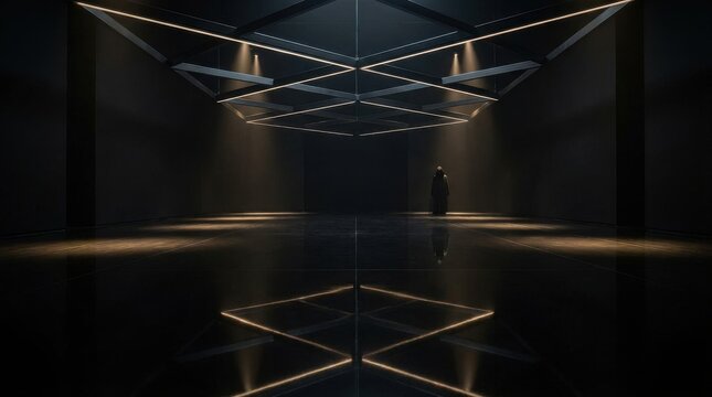 A solitary figure stands within a darkly lit, modern architectural space with illuminated geometric grids and reflective floors.