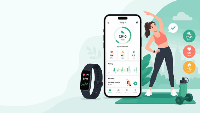Fitness Tracking: A woman performs a stretching exercise next to a smartphone displaying a fitness app and a smartwatch.