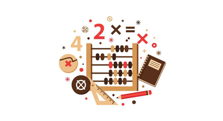 Obraz premium Flat Vector Illustration of Mathematics and Education Tools including Abacus, Notebook, Pencil and Geometry Ruler on White Background