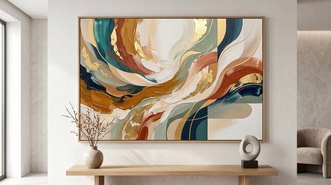 A premium interior design mockup showcasing a large, framed abstract acrylic canvas painting mounted on a minimalist white gallery wall above a wooden console table. The artwork features sweeping, tex