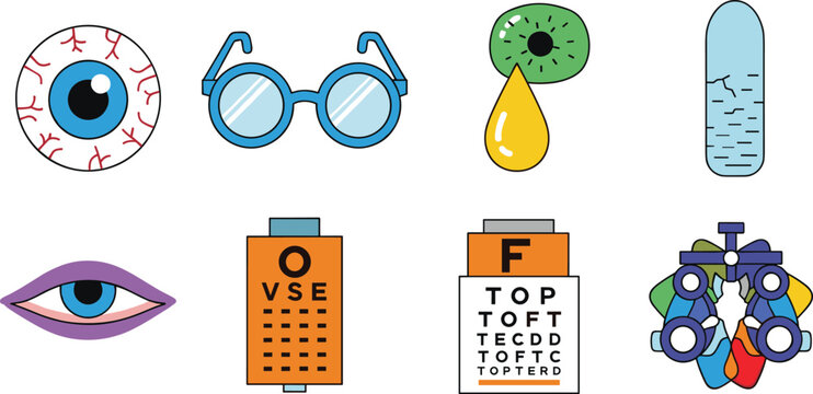 Colorful Eye Care and Vision Health Icon Set with Eyeball, Glasses, Eye Drop, Chart, and Optometry Tool for Medical and Clinic Designs