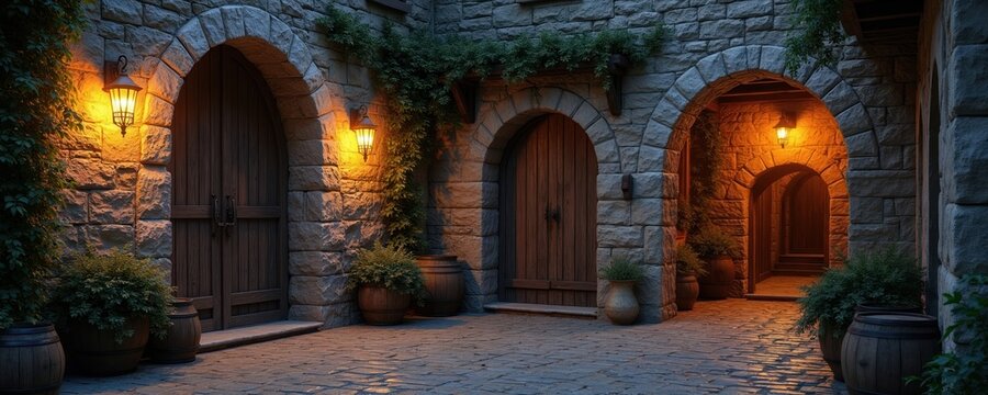 Stone building exterior with arched doorways, wooden doors, and glowing lanterns. Potted plants and barrels add rustic charm. Cobblestone path leads into shadows, suggesting old town alley.
