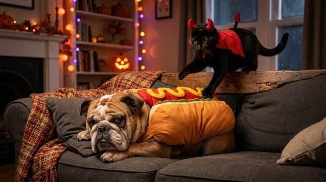 Bulldog in hot dog costume and black devil cat in halloween room