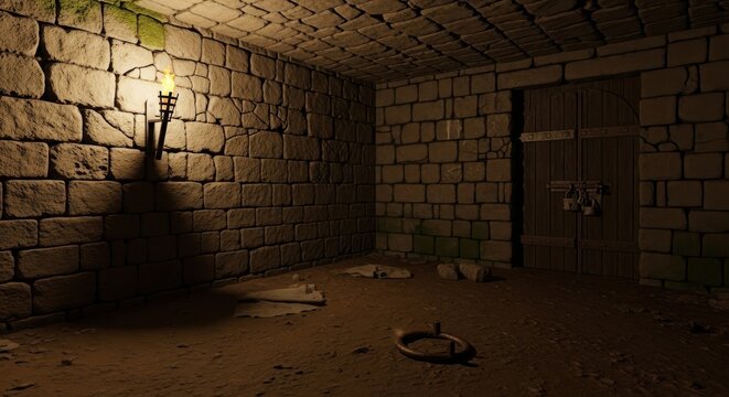 Dimly lit medieval dungeon cell with stone walls and a wooden door