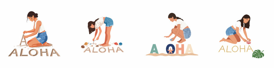 Vector illustration set of a young woman creating the word Aloha with beach elements like sand, seashells, and starfish on a white background. © Muqodimatul