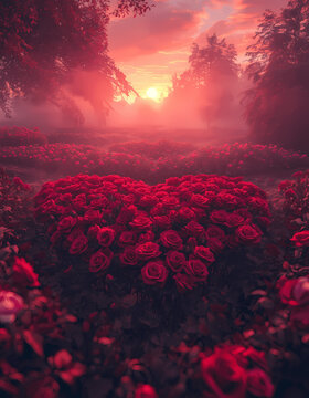 beautiful heart shaped rose garden at sunset