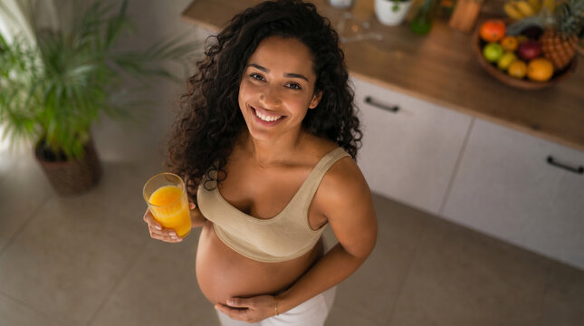 Mulher gr&aacute;vida brasileira feliz segurando copo de suco de laranja na cozinha, conceito de nutri&ccedil;&atilde;o e estilo de vida saud&aacute;vel na gravidez