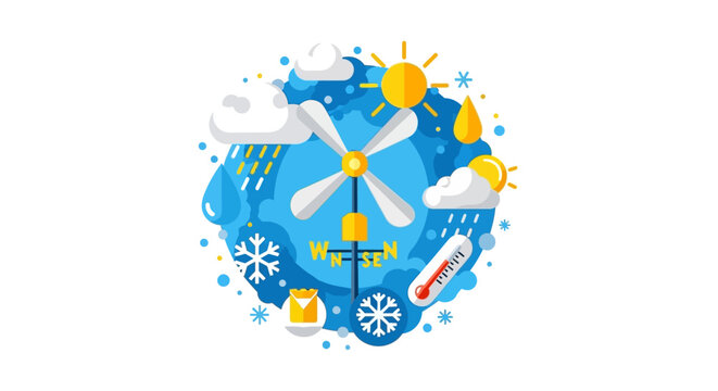 Flat Vector Illustration of Weather Forecast Icons and Climate Symbols Including Wind Vane, Thermometer, Sun, Clouds, Rain, and Snowflakes for Meteorological Design
