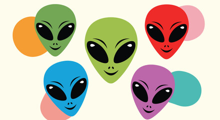 Obraz premium Collection of five stylized alien heads in different colors including green, red, blue, and purple with large black eyes on a beige background icon.