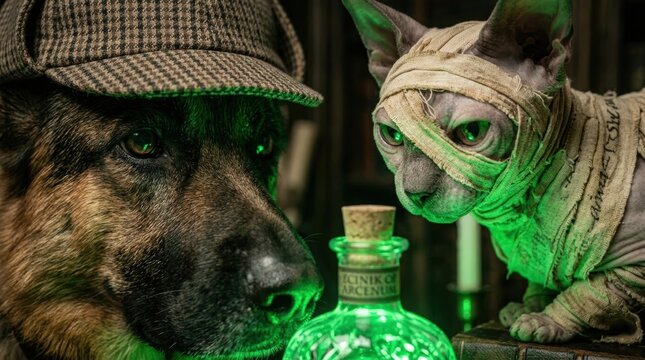 German shepherd detective and mummy cat examine glowing green potion