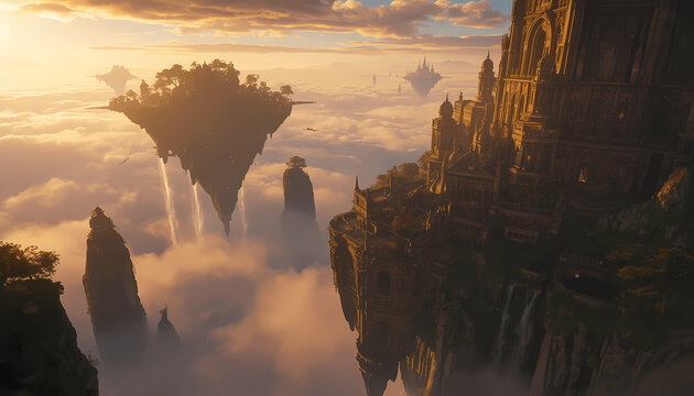 massive floating islands above clouds