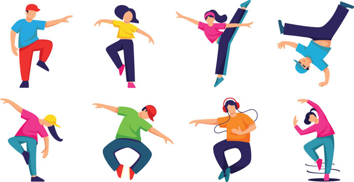 Colorful Street Dance and Hip Hop Character Icon Set with Break Dance, Freestyle, and Urban Dance Moves for Music and Youth Designs