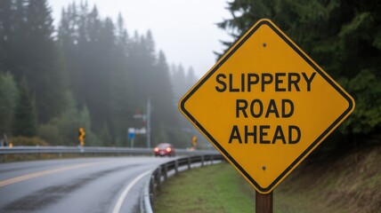 Naklejka premium Slippery road sign warning on a foggy countryside highway