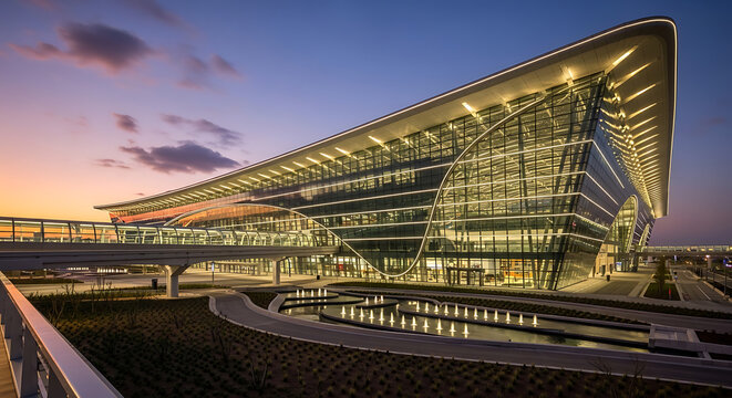 Modern Airport Terminal Architecture at Dusk with Illuminated Glass Facade and Water Features