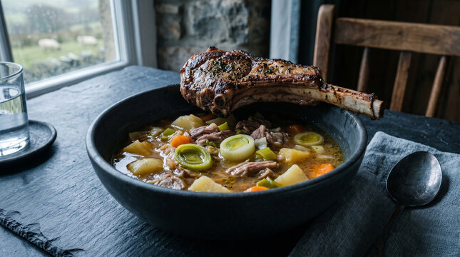 Hearty bowl of lamb soup with vegetables and a large bone