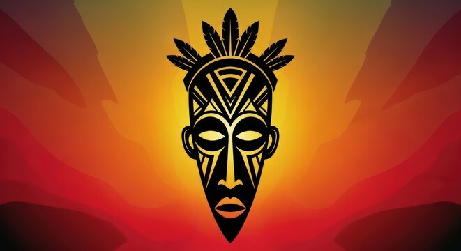 African Tribal Mask Silhouette with Feather Headdress on Sunset Background