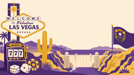 Fototapeta premium Vegas Strip Landmark Montage: A vibrant illustration showcasing iconic Las Vegas elements – a vintage slot machine, dice.
