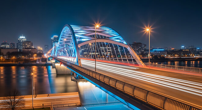 Modern Arch Bridge with Long Exposure Light Trails at Night Over a City River
